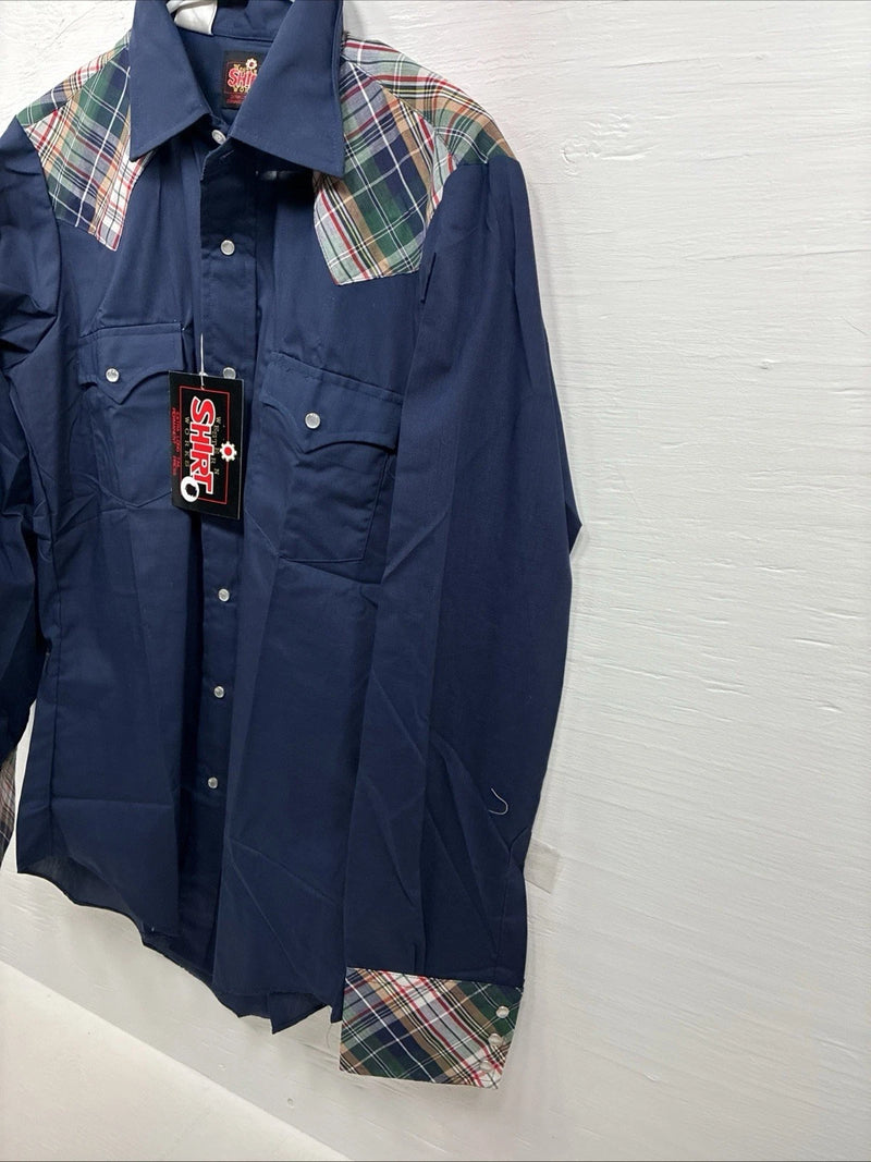 New Men’s Western Shirt Blue Plaid Long Sleeve Pearl Snap 15 X 33 Medium T-93