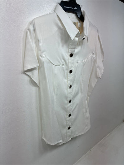 New Women’s Denim Jeans White Short Sleeve Button Up Large MM-139