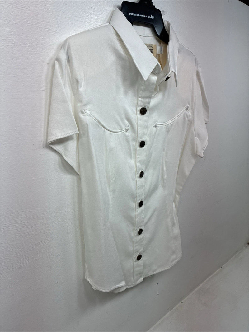 New Women’s Denim Jeans White Short Sleeve Button Up Large MM-139