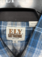New Men’s ELY Cattleman Blue Black Flannel Long Sleeve Pearl Snap XL  H-64