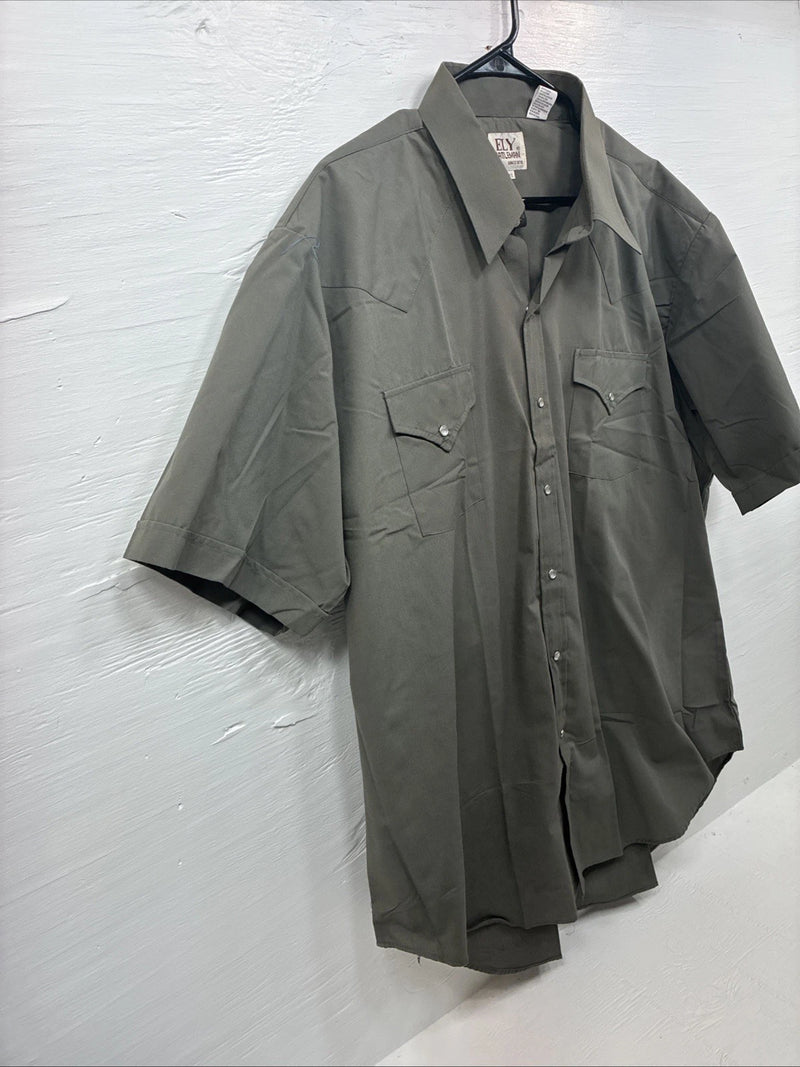 New Men’s ELY Cattleman Dark Siege Green Short Sleeve Pearl Snap 18.5 2XL M-28