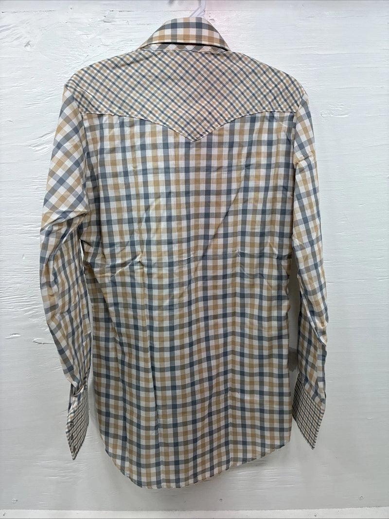 New Men’s Stockman Yellow Grey Plaid Long Sleeve Pearl Snap 14.5 Small X-37