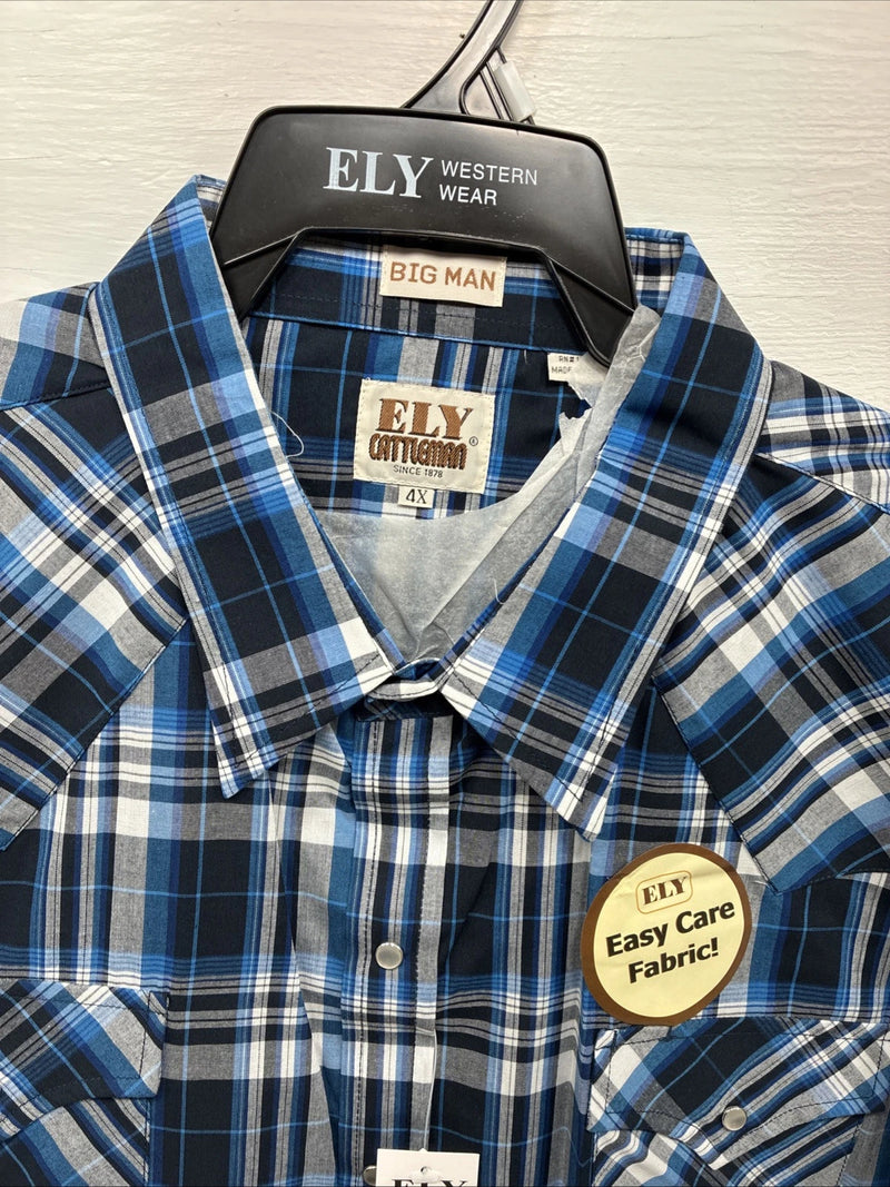 New Men’s ELY Cattleman Blue Flannel Long Sleeve Pearl Snap 4XL E-89