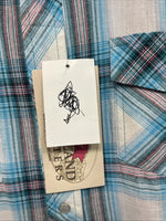 New Women’s Cumberland Blue Plaid Long Sleeve Pearl Snap Large GG-78