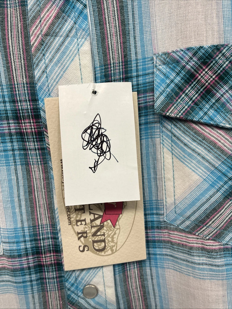 New Women’s Cumberland Blue Plaid Long Sleeve Pearl Snap Large GG-78