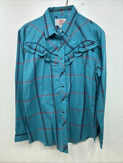 New Women’s Country Charmers Blue Plaid Long Sleeve Pearl Snap Size Large YY-117