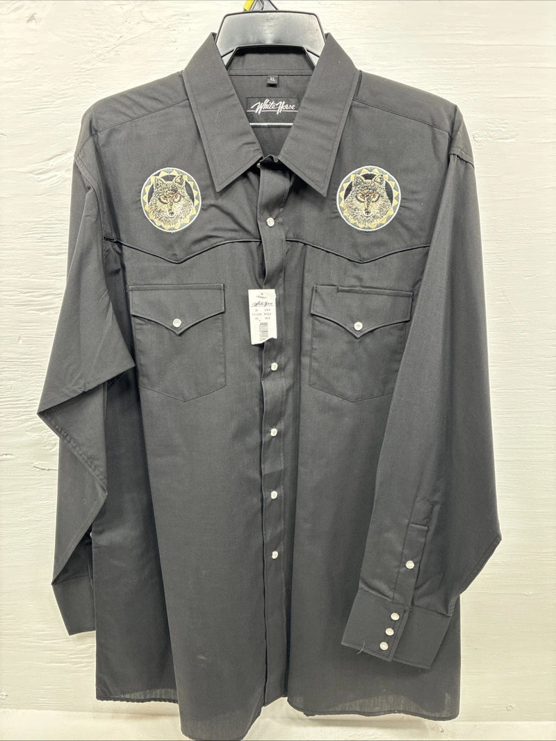 New Men’s White Horse Black Wolf Embroidered Long Sleeve Pearl Snap XL T-1