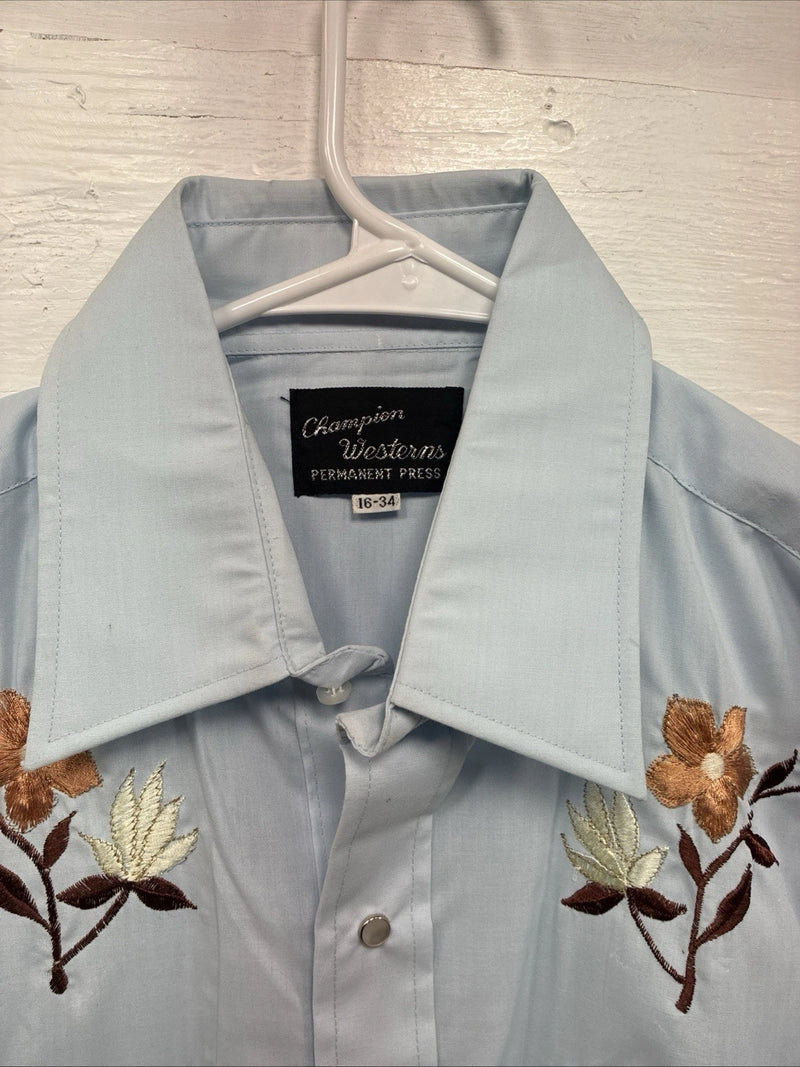 New Men’s Champion Western Blue Floral Long Sleeve Pearl Snap 16 Large AA-47
