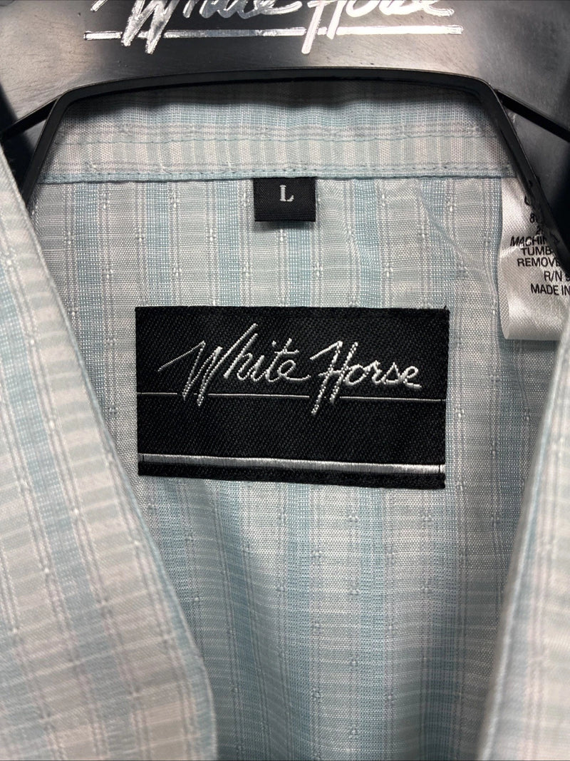 New Men’s White Horse Blue Plaid Short Sleeve Pearl Snap Large CC-46