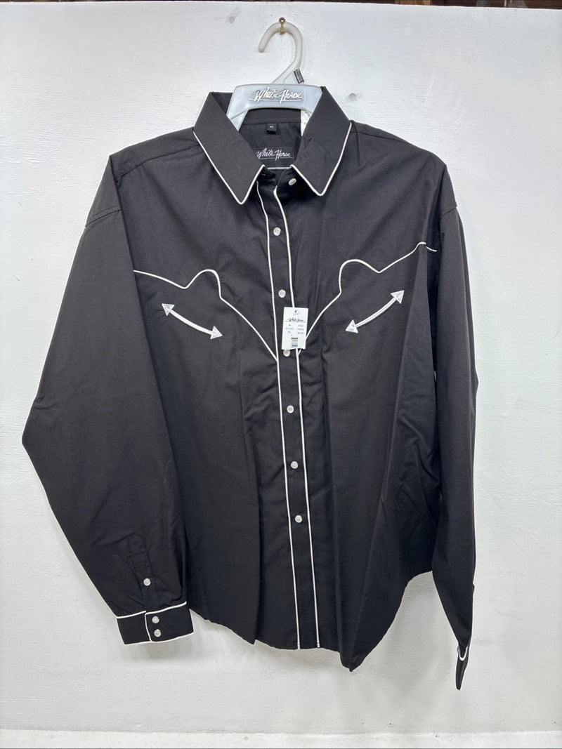 New Women’s White Horse Black Design Long Sleeve Pearl Snap XL II-25