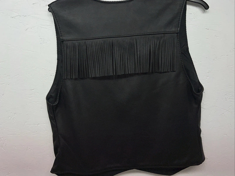 New Women’s Universal Rider Black Leather Fringe Biker Vest Large S-600