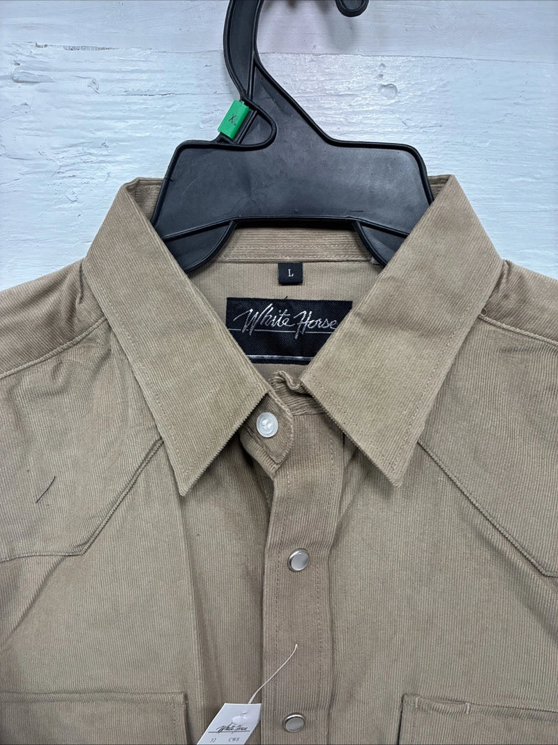 New Men’s White Horse Brown Western Long Sleeve Pearl Snap Large V-21