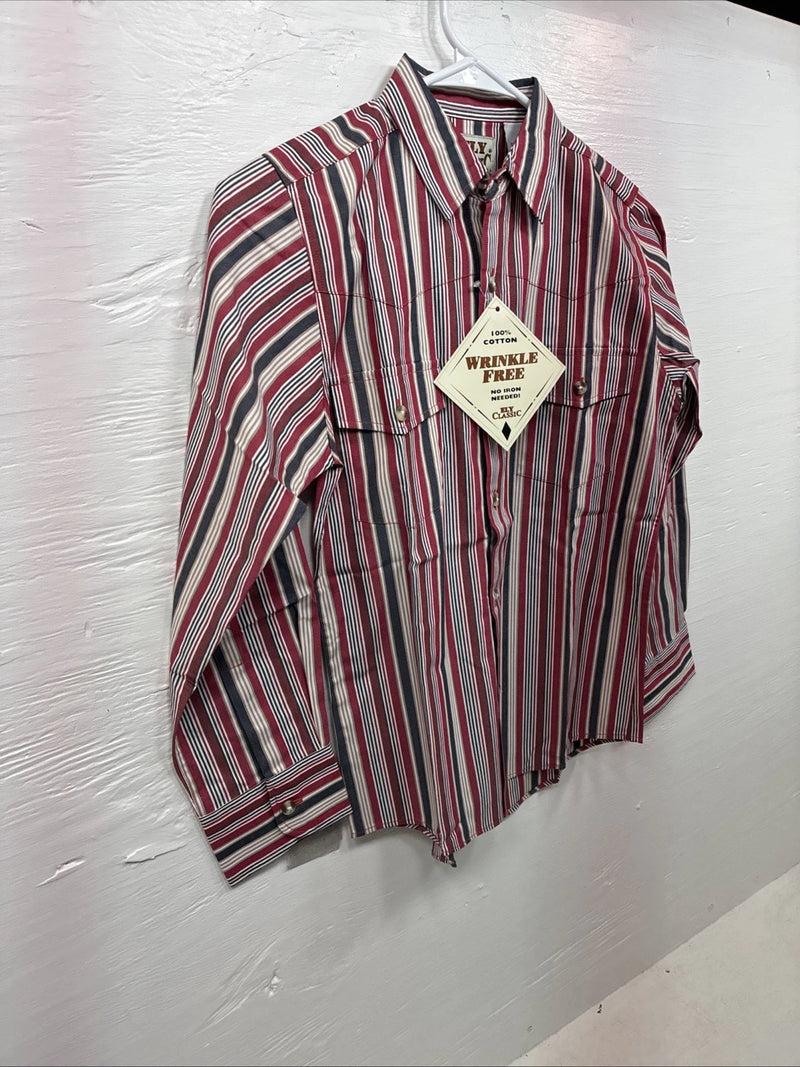 New Kids ELY Classic Red Stripe Long Sleeve Pearl Snap Medium CC-80