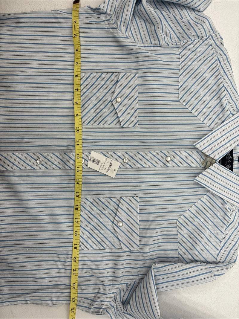 New Women’s White Horse Blue Stripe Long Sleeve Pearl Snap Large GG-74