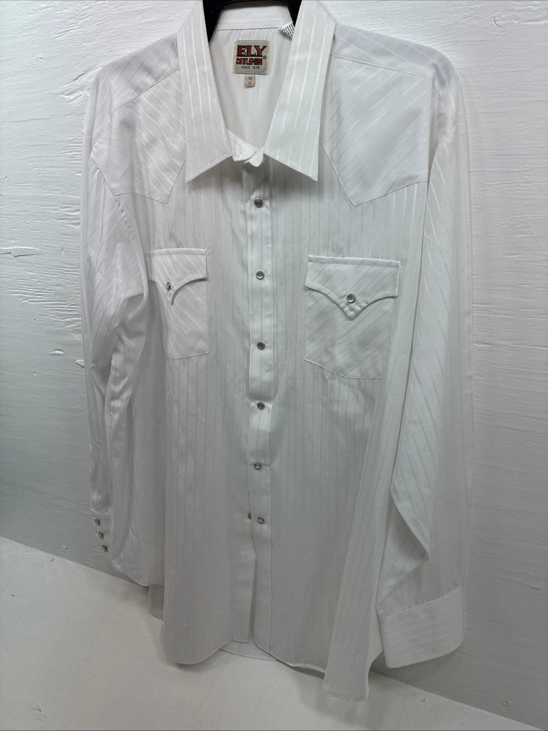 New Men’s ELY Cattleman White Long Sleeve Stripe Pearl Snap 18.5 X 36 2XL F-80