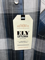 New Emma ELY Cattleman Blue Gray Plaid Long Sleeve Pearl Snap Large AA-16