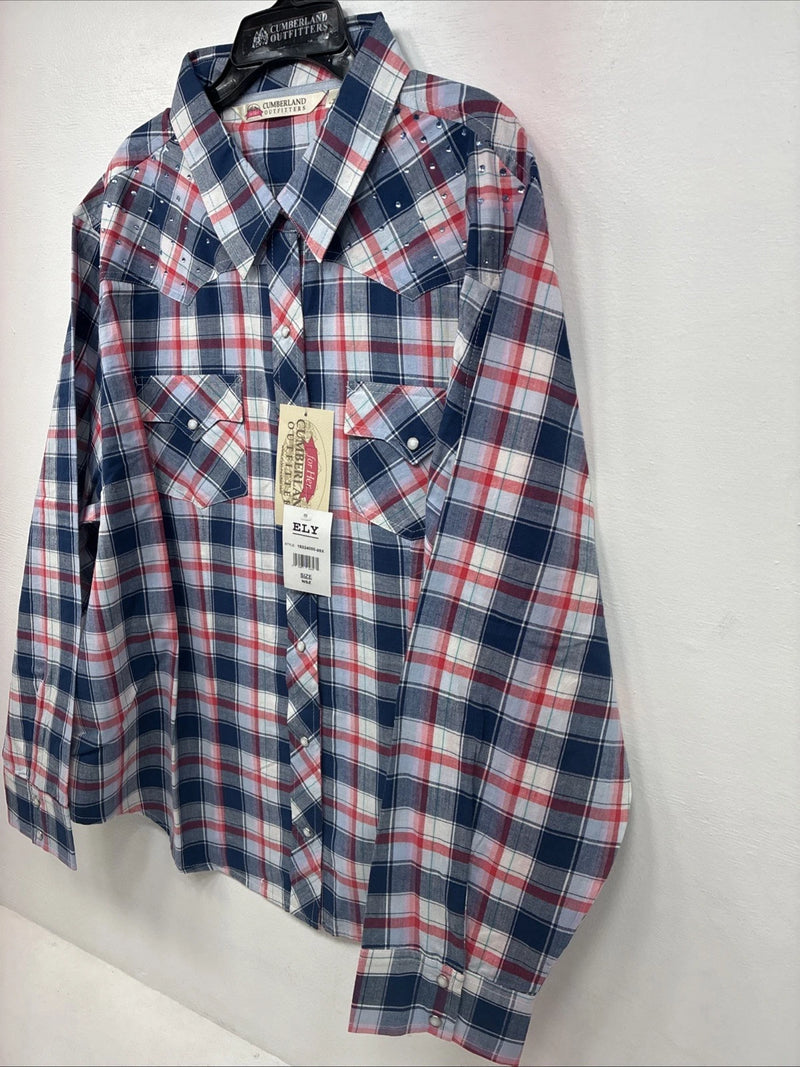 New Women’s Cumberland Blue Plaid Long Sleeve Pearl Snap 3XL GG-57