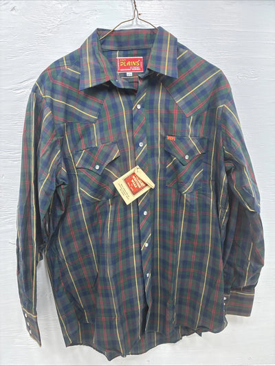 New Men’s ELY Plains Green Plaid Long Sleeve Pearl Snap 16.5 X 34 Large AA-43
