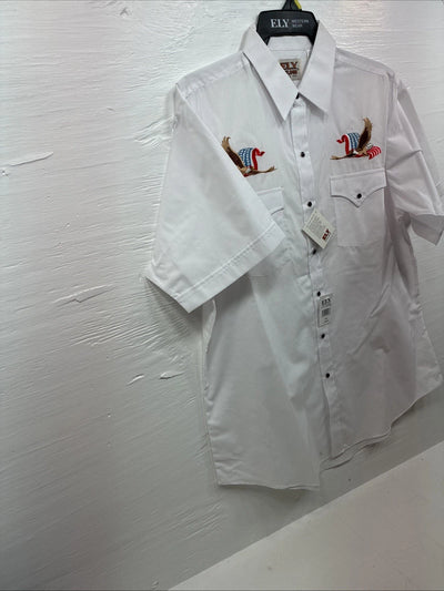 New Men’s ELY Cattleman White Eagle Flag Short Sleeve Pearl Snap Large Q-45