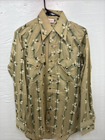 New Men’s ELY Plains Tan Green Floral Long Sleeve Pearl Snap 14.5 Small X-111