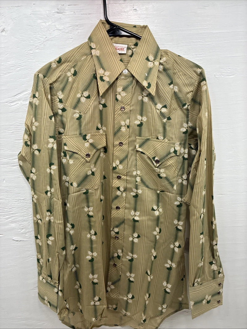 New Men’s ELY Plains Tan Green Floral Long Sleeve Pearl Snap 14.5 Small X-111
