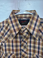 New Men’s Champion Western Yellow Brown Plaid Long Sleeve Pearl Snap Medium O-31