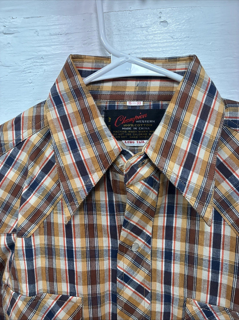 New Men’s Champion Western Yellow Brown Plaid Long Sleeve Pearl Snap Medium O-31