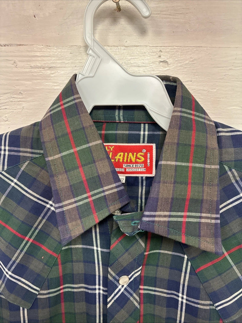 New Men’s ELY Plains Green Plaid Long Sleeve Pearl Snap 14.5 Small X-34