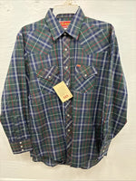 New Men’s ELY Plains Green Blue Plaid Long Sleeve Pearl Snap 16.5 Large Q-85