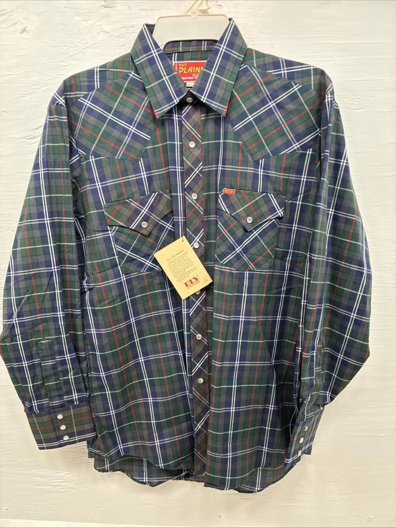 New Men’s ELY Plains Green Blue Plaid Long Sleeve Pearl Snap 16.5 Large Q-85