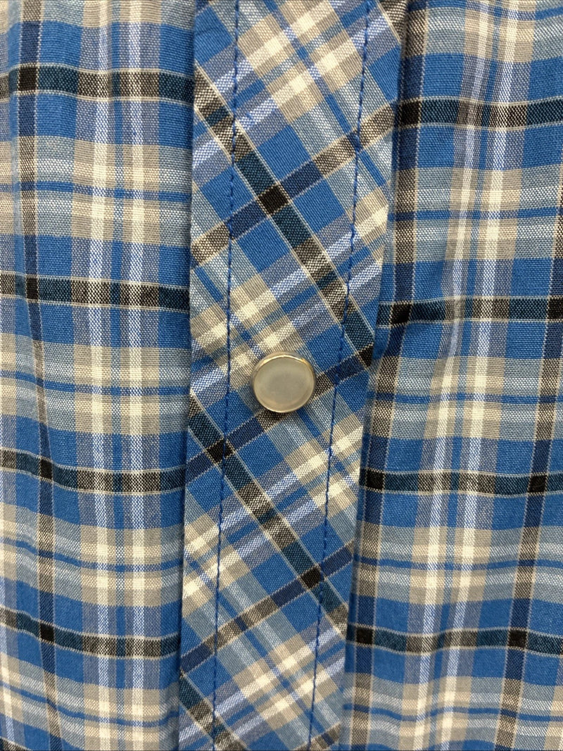 New Men’s White Horse Blue Plaid Long Sleeve Pearl Snap XL O-43