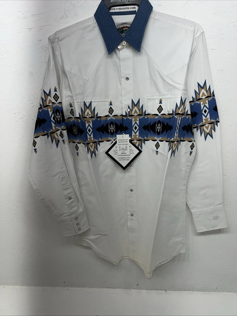 New Men’s White Cumberland Outfitters Pearl Snap Long Sleeve Shirt. Medium I-35