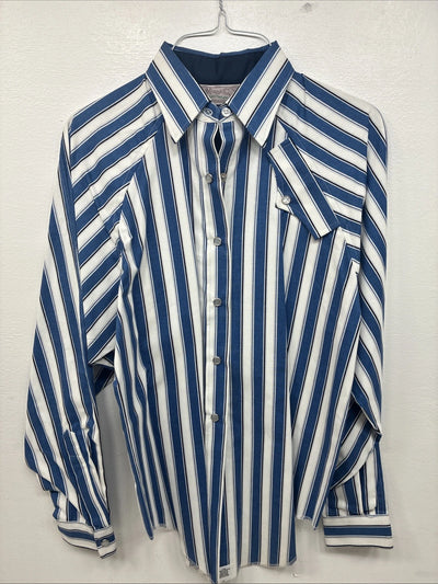 New Women’s H Bar C Blue White Stripe Long Sleeve Pearl Snap Size 30 KK-48