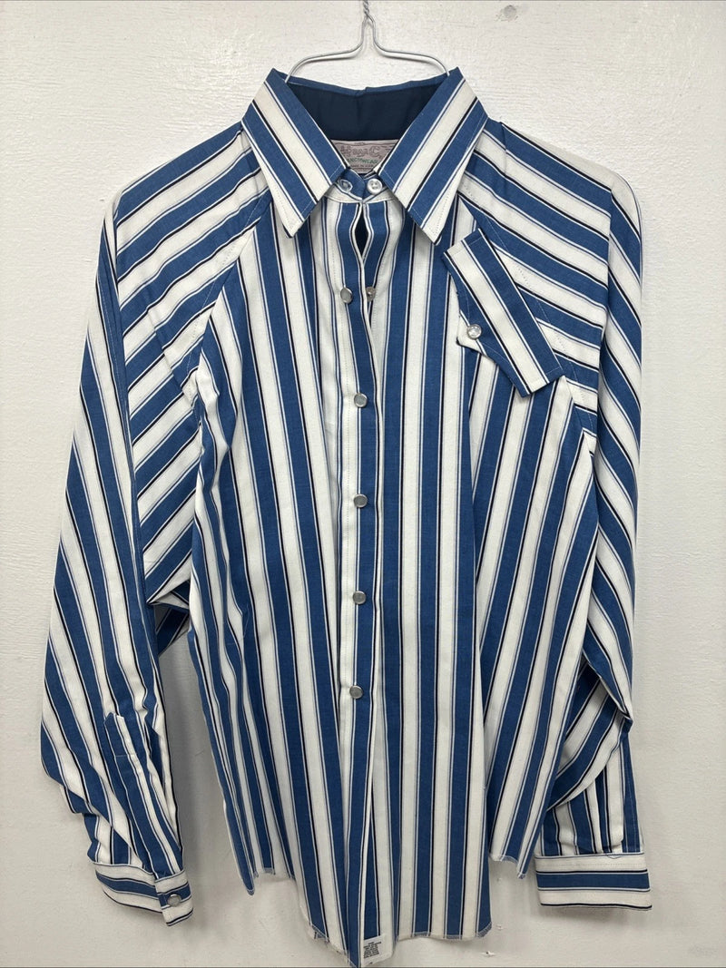 New Women’s H Bar C Blue White Stripe Long Sleeve Pearl Snap Size 30 KK-48
