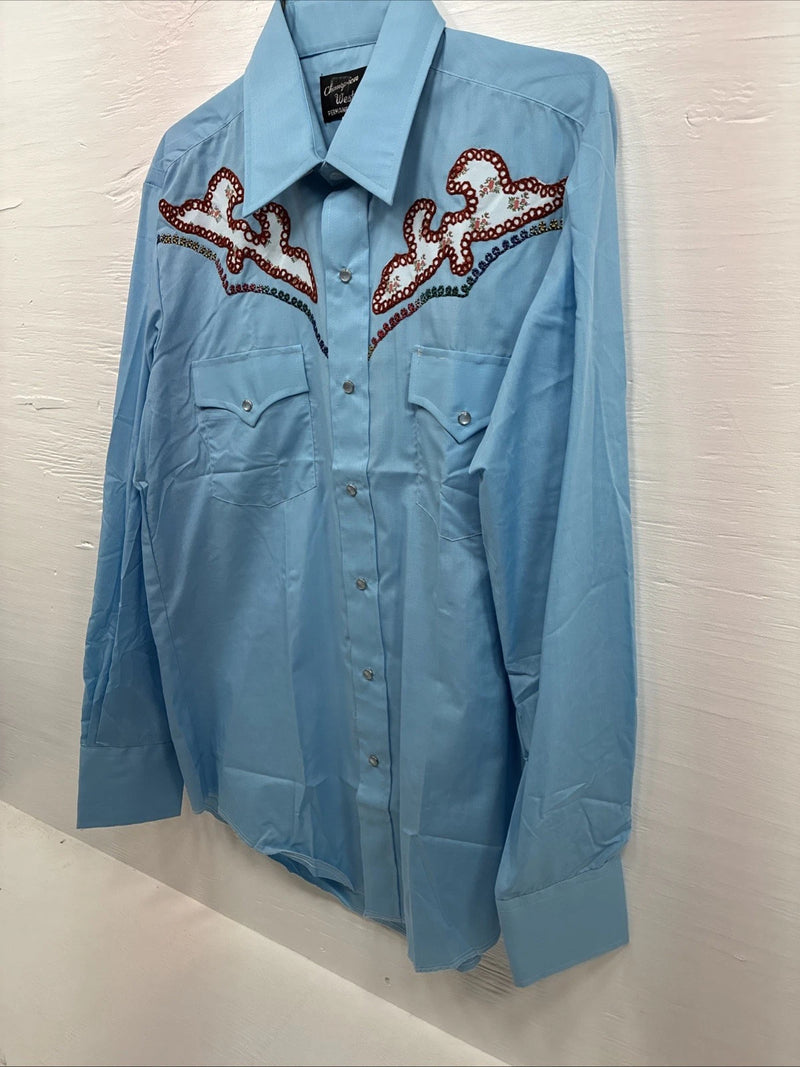 New Men’s Champion Western Blue Embroidered Long Sleeve Pearl Snap 16 Large Q-90
