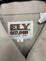 New Men’s ELY Cattleman Tan Horse Design Short Sleeve Pearl Snap Large AA-28