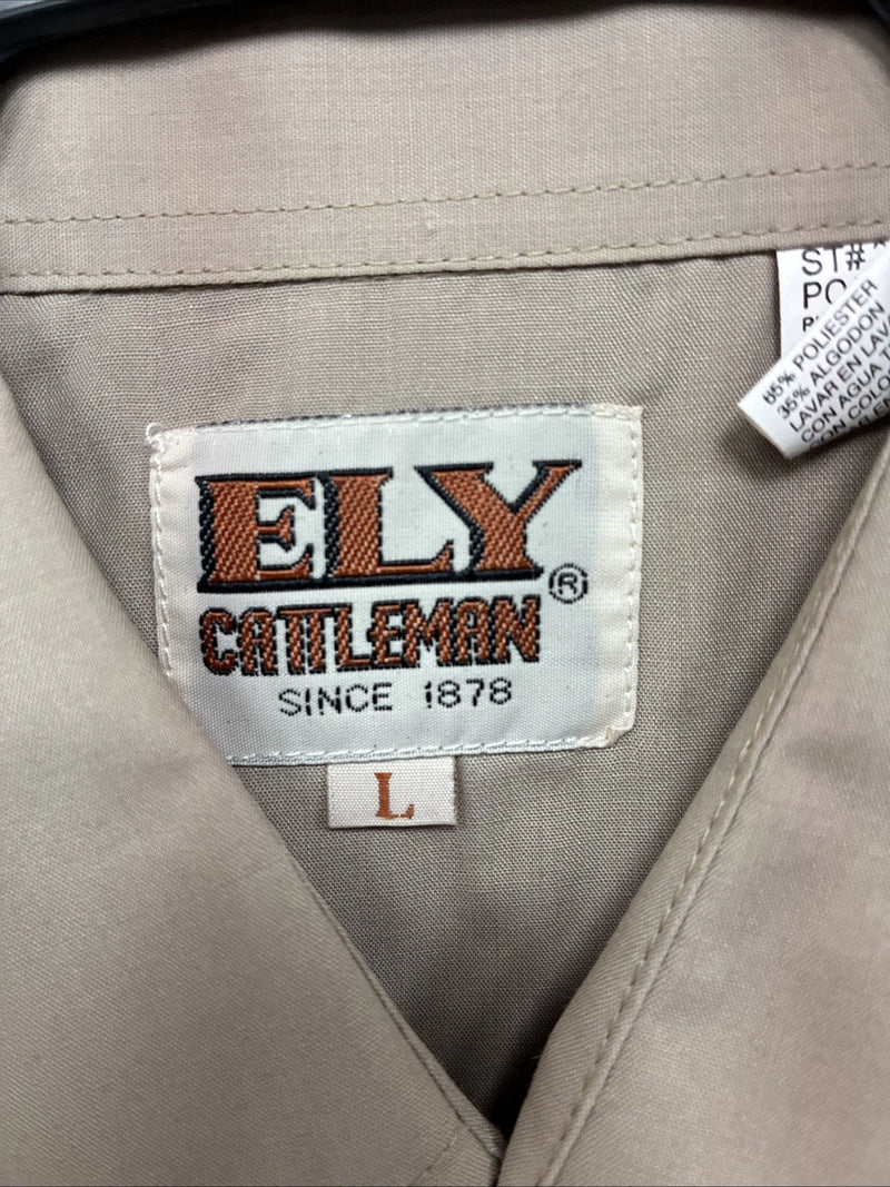 New Men’s ELY Cattleman Tan Horse Design Short Sleeve Pearl Snap Large AA-28