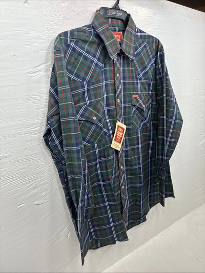 New Men’s ELY Plains Green Blue Plaid Long Sleeve Pearl Snap 16.5 Large  AA-12