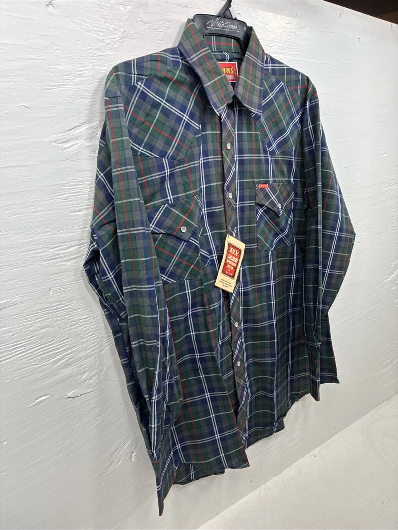New Men’s ELY Plains Green Blue Plaid Long Sleeve Pearl Snap 16.5 Large  AA-12