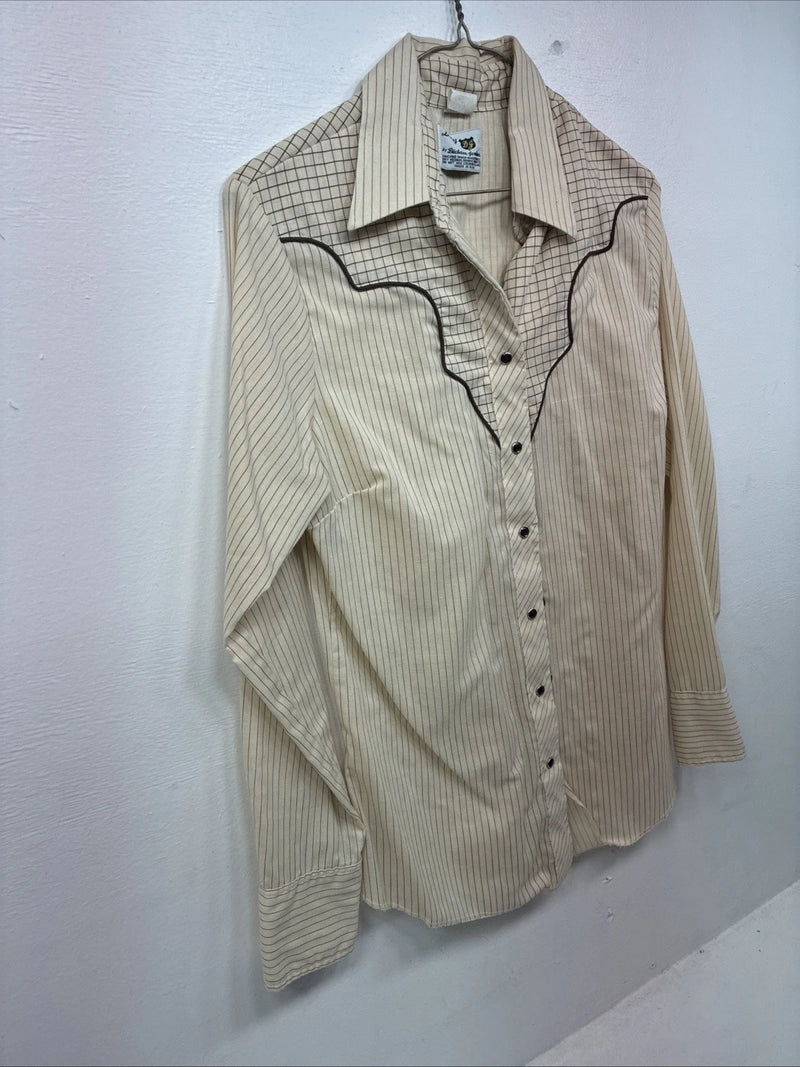 Me Women’s Dickson Jenkins Tan Stripe Long Sleeve Pearl Snap Size 34 KK-28