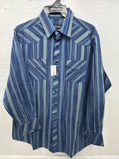 New Men’s White Horse Blue Green Stripe Long Sleeve Pearl Snap XL H-66
