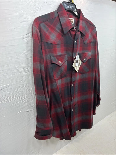 New Men’s ELY Cattleman Red Plaid Heavy Long Sleeve Pearl Snap Large CC-37