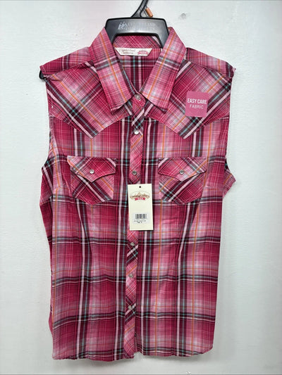 New Women’s Cumberland Pink Plaid Short Sleeve Pearl Snap Medium LL-48