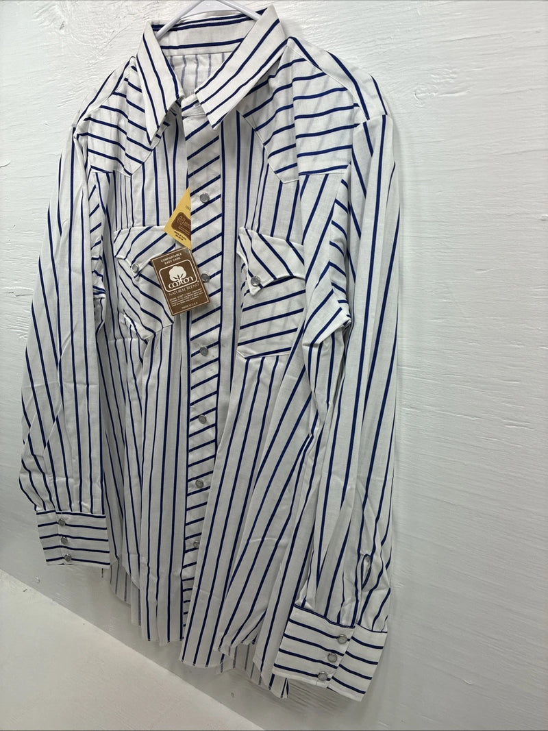 New Men’s H Bar C White Blue Stripe Long Sleeve Pearl Snap 16.5 X 34 Large Q-103