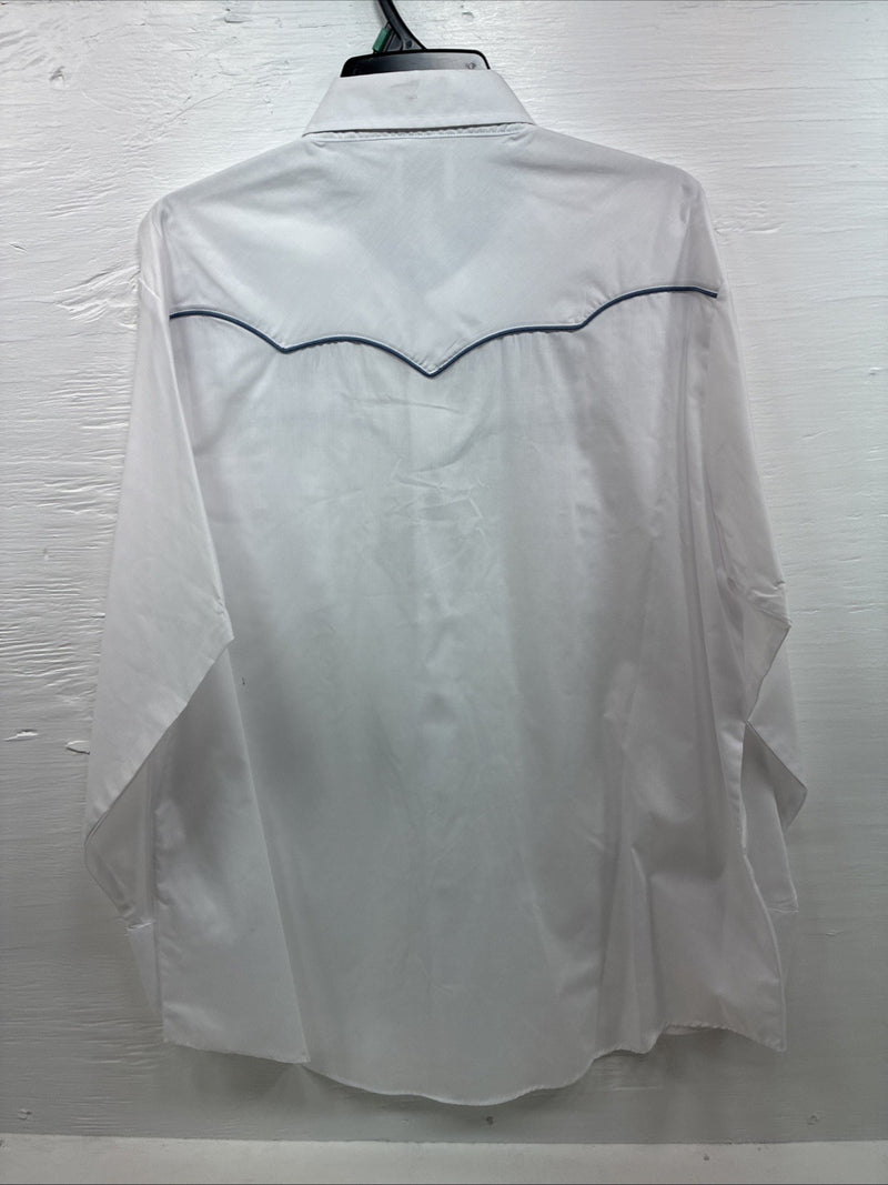 New Men’s ELY Cattleman White Blue Embroidered Long Sleeve Pearl Snap XL J-40