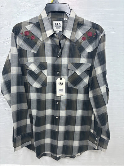 New Men’s ELY Cattleman Green Gray Plaid Long Sleeve Pearl Snap Large X-27