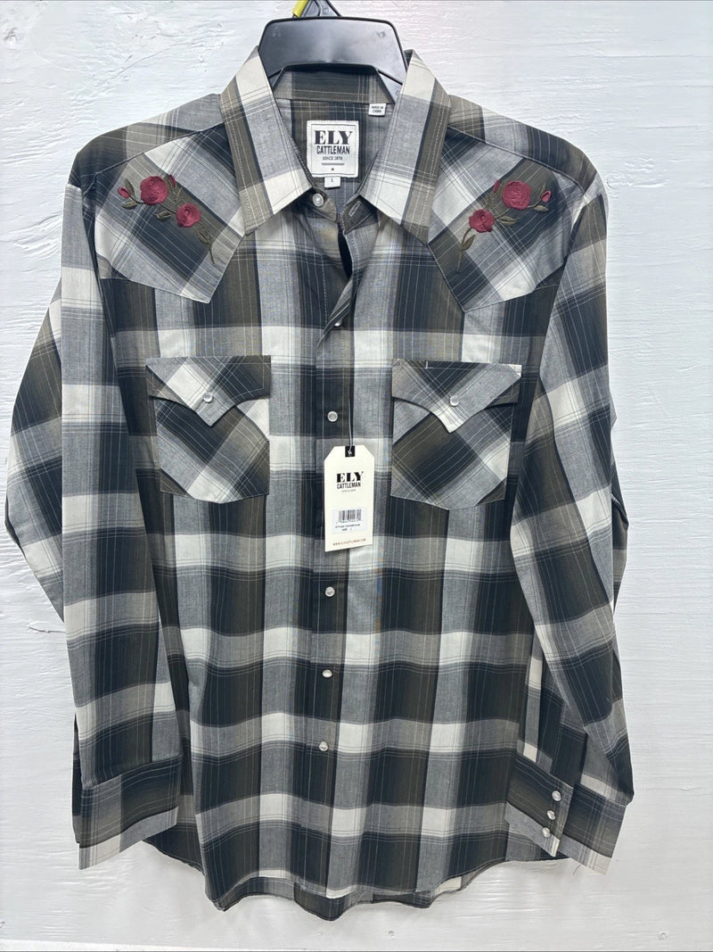 New Men’s ELY Cattleman Green Gray Plaid Long Sleeve Pearl Snap Large X-27