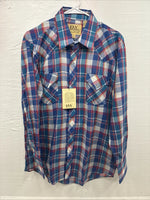 New Men’s ELY Cattleman Blue Multicolor Plaid Long Sleeve Pearl Snap Large X-17