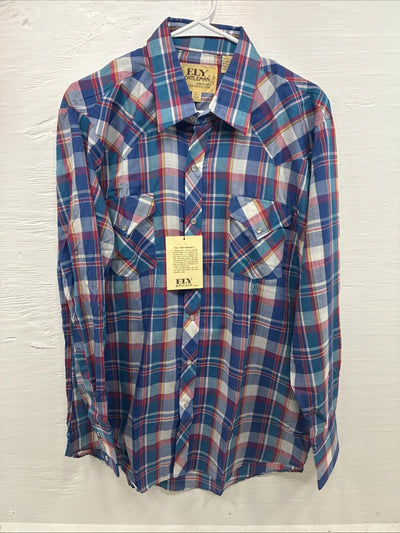 New Men’s ELY Cattleman Blue Multicolor Plaid Long Sleeve Pearl Snap Large X-17