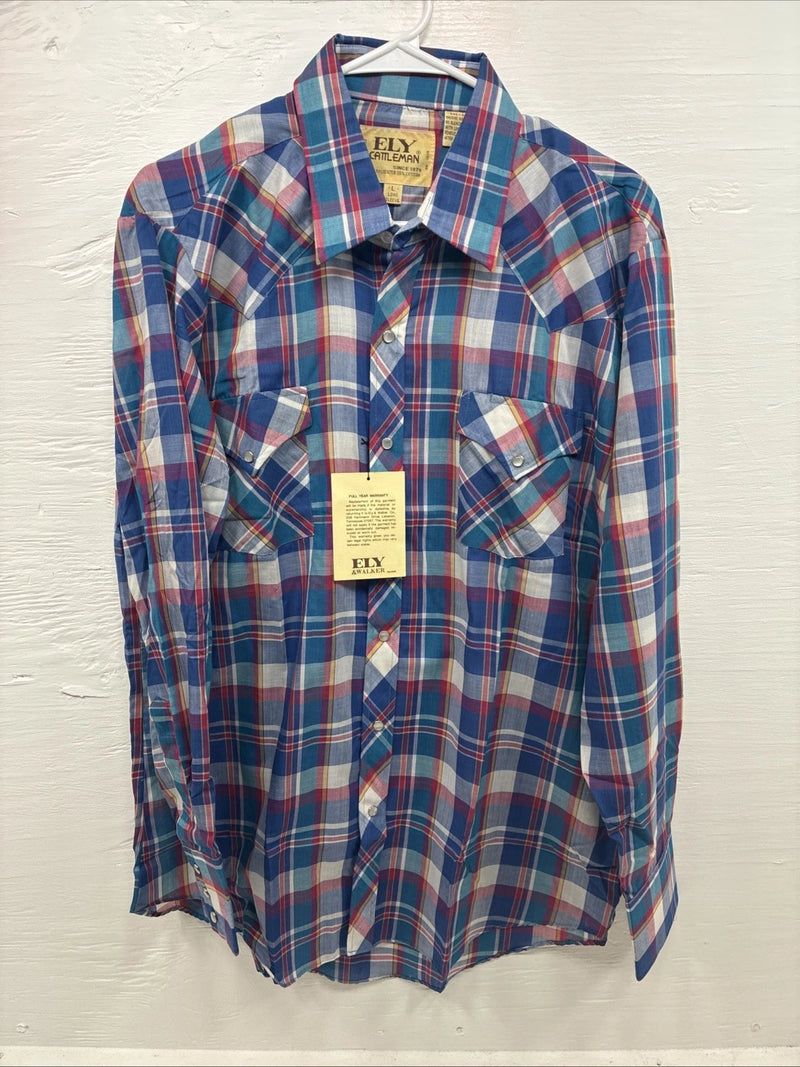 New Men’s ELY Cattleman Blue Multicolor Plaid Long Sleeve Pearl Snap Large X-17
